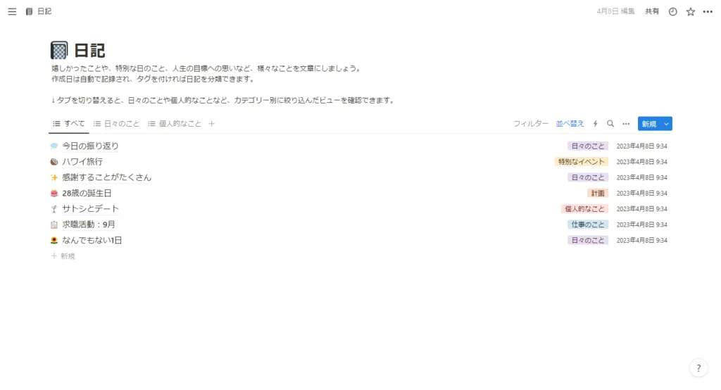 日記のページ